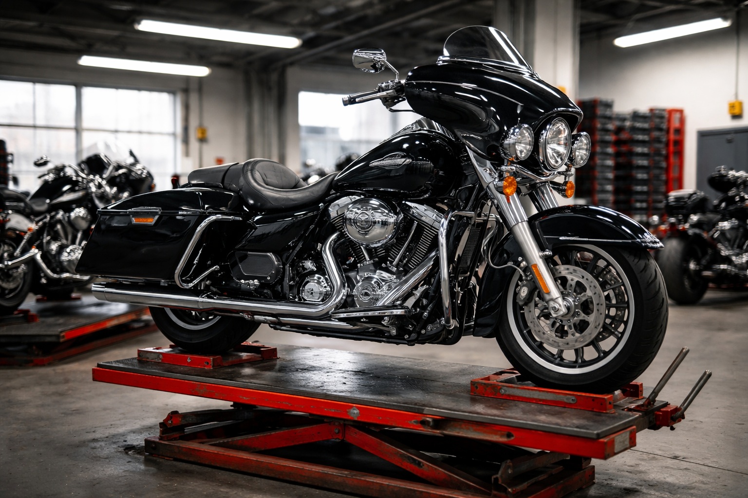 Black Harley Davidson Motorcycle on a bike lift getting ready for it scheduled maintenance here at Groton Cycle in Groton, NY