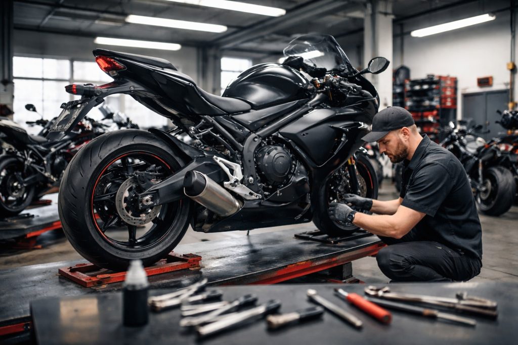 Black racing bike getting the front brakes worked on by a motorcycle mechanic here at Groton Cycle in Groton, NY